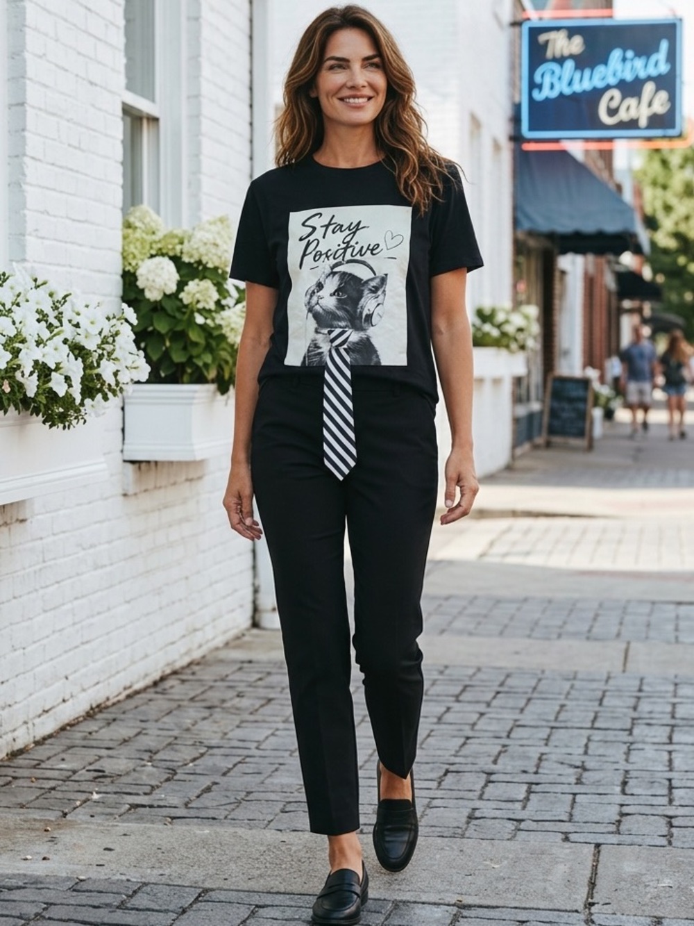 NEW Black Cat Headphones Stay Positive Striped Tie Short Sleeve Graphic T-shirt